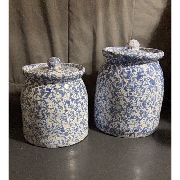 Blue Spongeware Large Storage Jars & Lids Crock Pair Of 7” And 9” - Picture 5 of 12